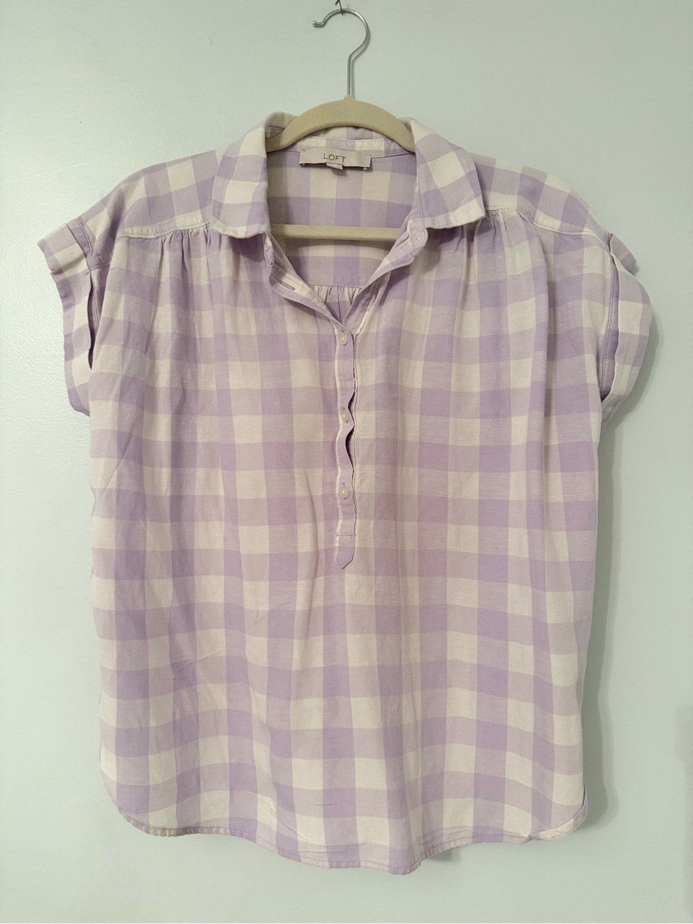LOFT Lavender and White Gingham Button-Front Cap-Sleeve Shirt